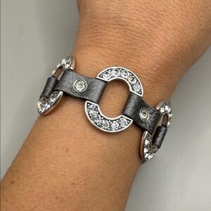 Vintage Silver Tone Gray Leather Rhinestone Bangle Cuff Statement Bracelet